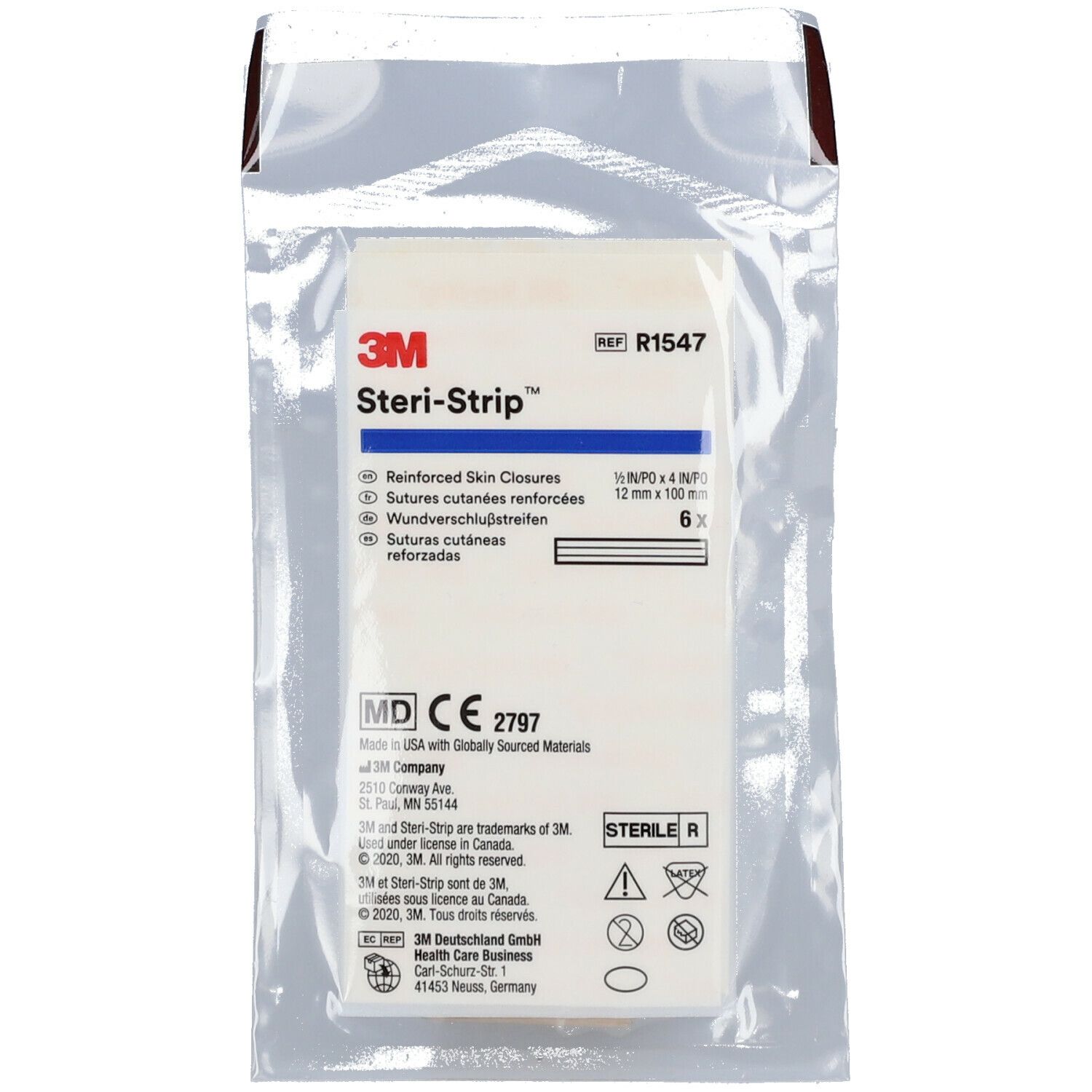 Verpakking met 3M Steri-Strip wondstrips. Zichtbaar: strips, productinfo en CE-markering op de verpakking.