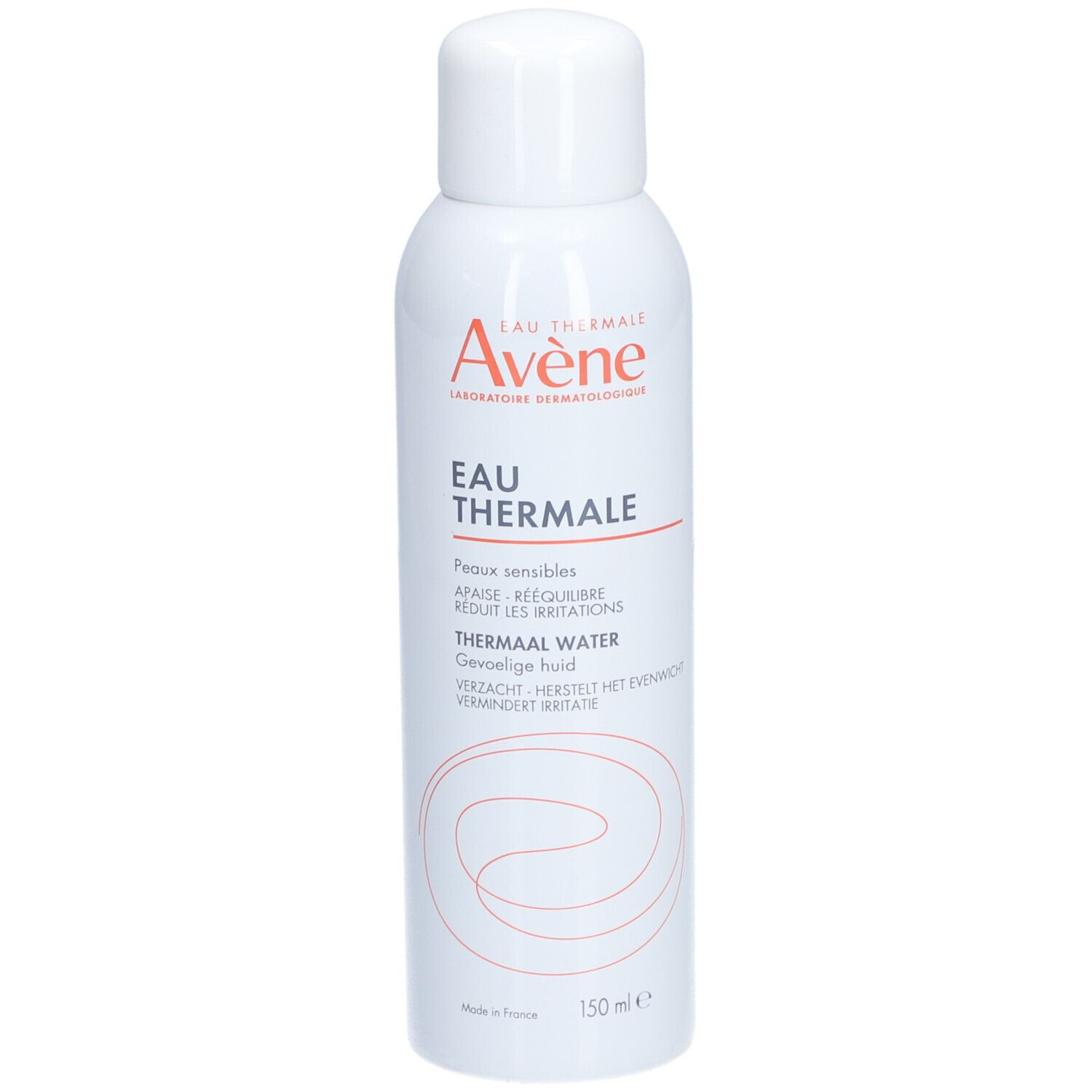 Witte spray met witte dop. Opschrift: Eau Thermale Avène. Tekst in het Duits, Frans, Italiaans en Nederlands.