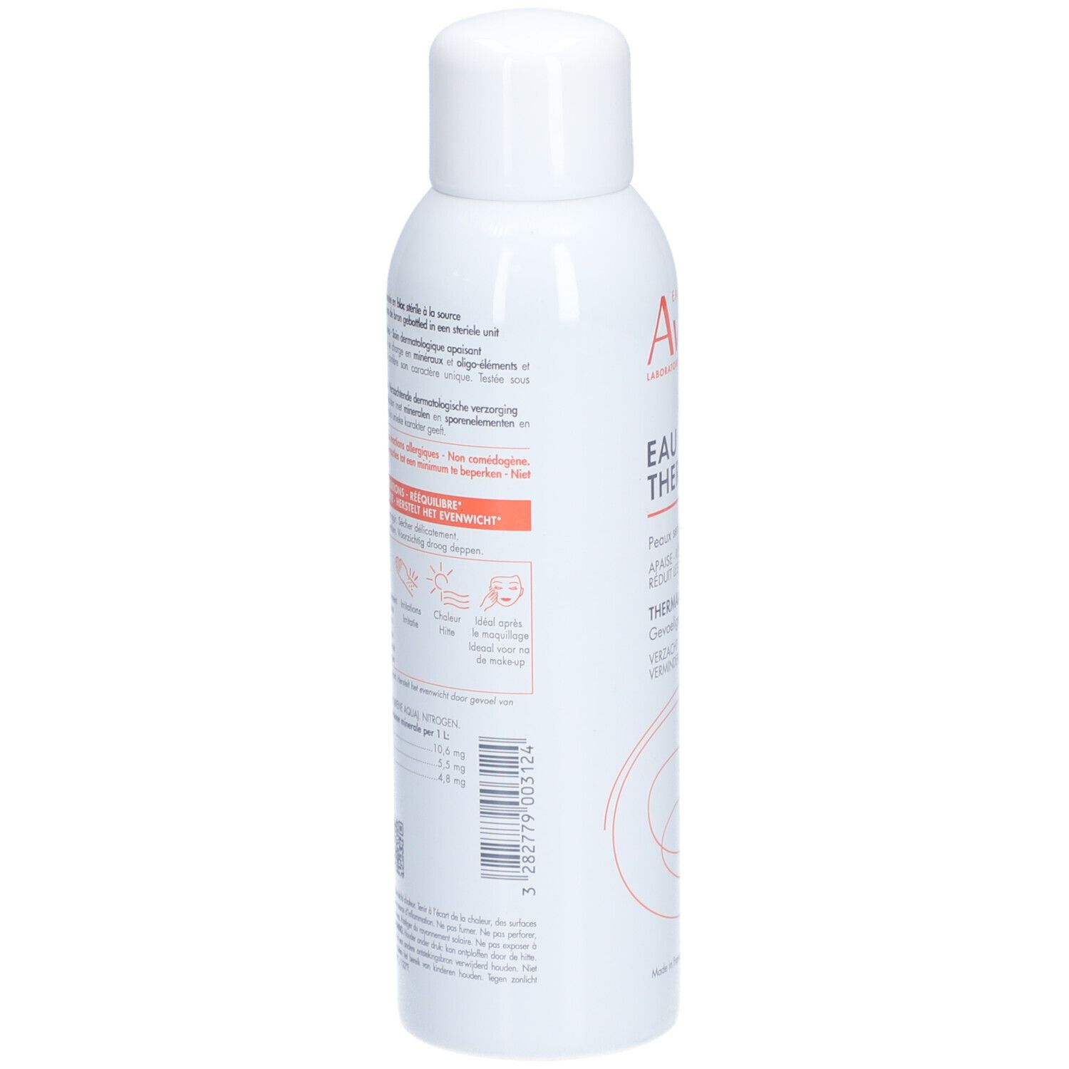 Achterkant van de witte spray. Tekst in het Duits, Frans, Italiaans en Nederlands. QR-code en pictogrammen.