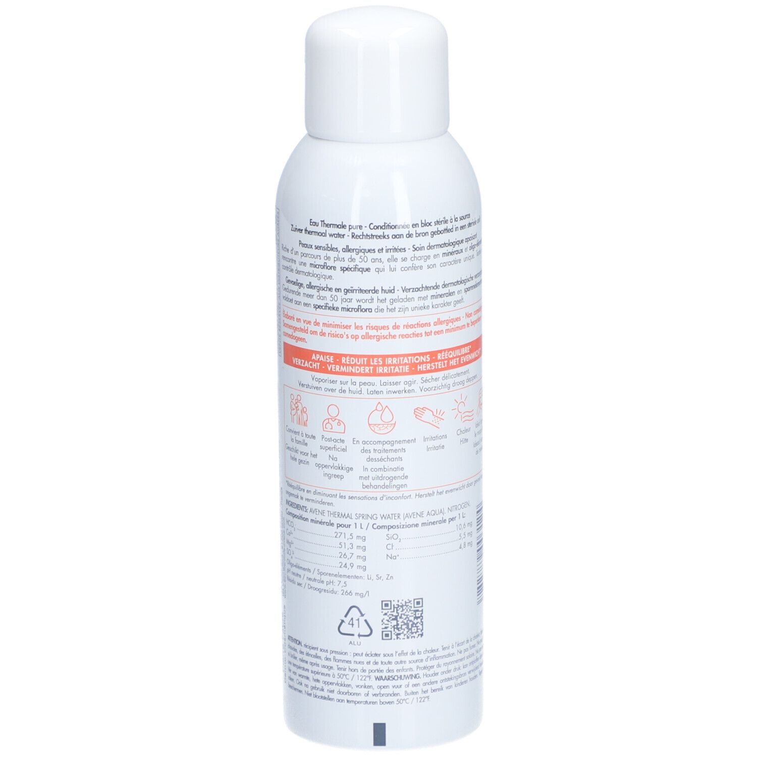 Achterkant van de witte spray. Tekst in het Duits, Frans, Italiaans en Nederlands. Pictogrammen en ingrediënten.