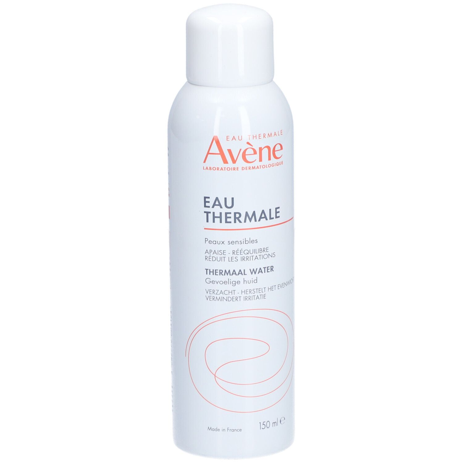 Witte spray met witte dop. Opschrift: Eau Thermale Avène. Tekst in het Duits, Frans, Italiaans en Nederlands.