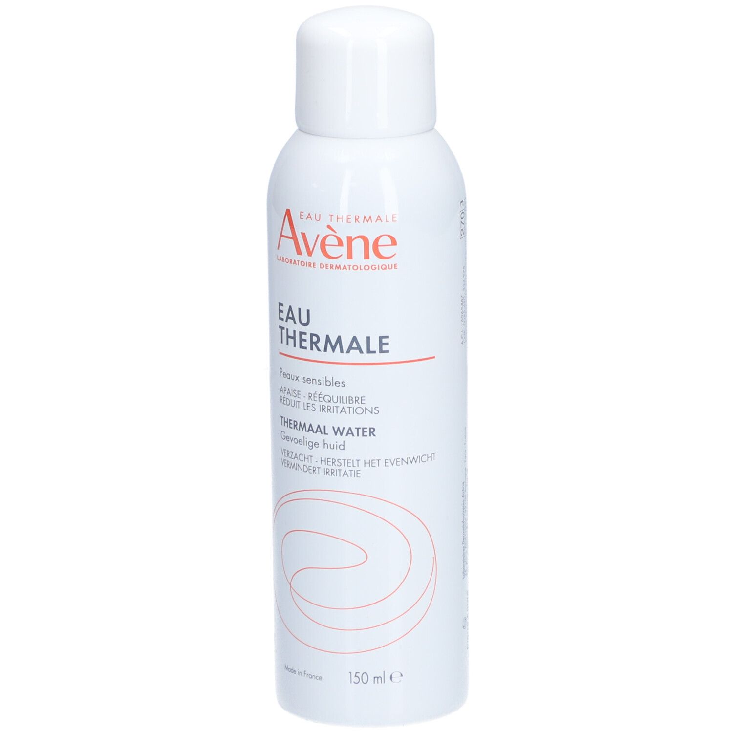 Witte spray met witte dop. Opschrift: Eau Thermale Avène. Tekst in het Duits, Frans, Italiaans en Nederlands.