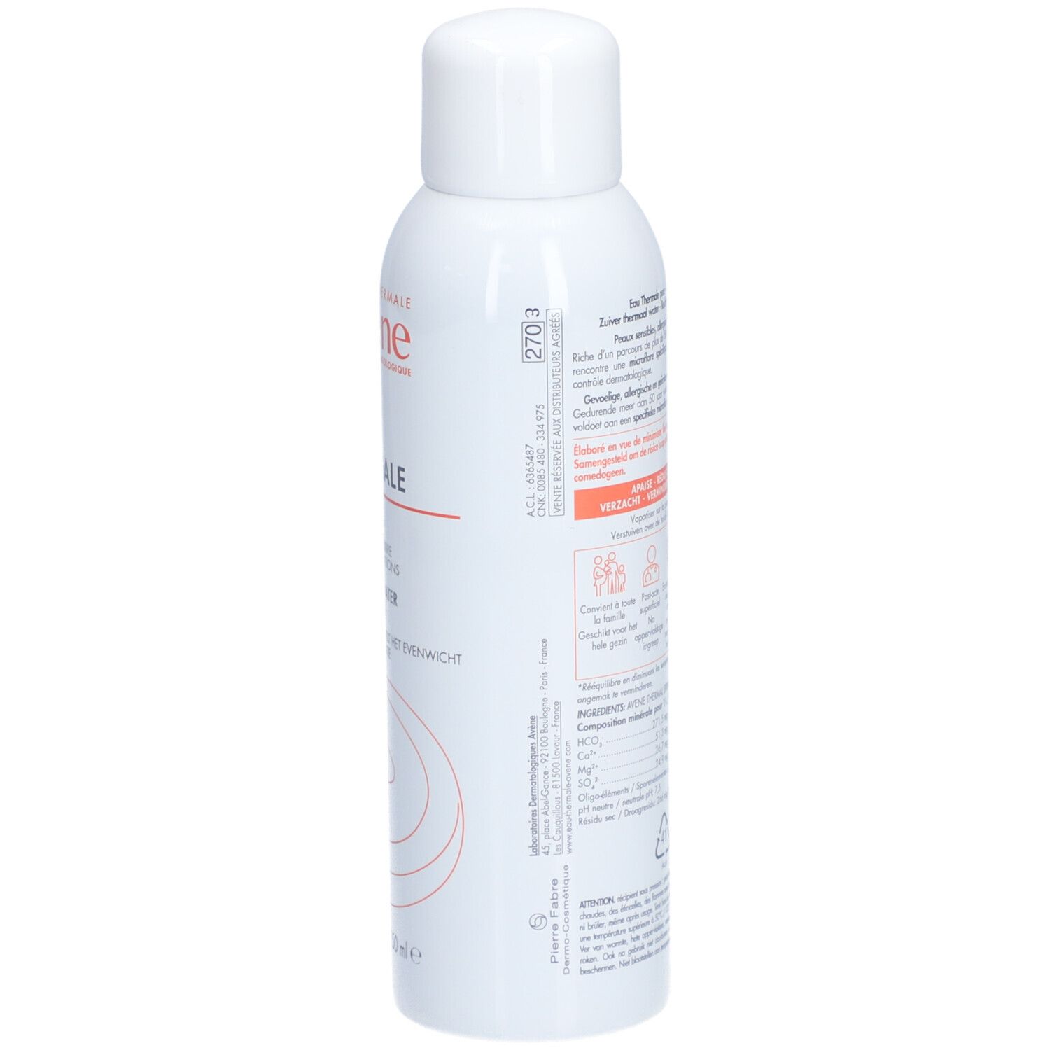 Achterkant van de witte spray. Tekst in het Duits, Frans, Italiaans en Nederlands. QR-code en pictogrammen.