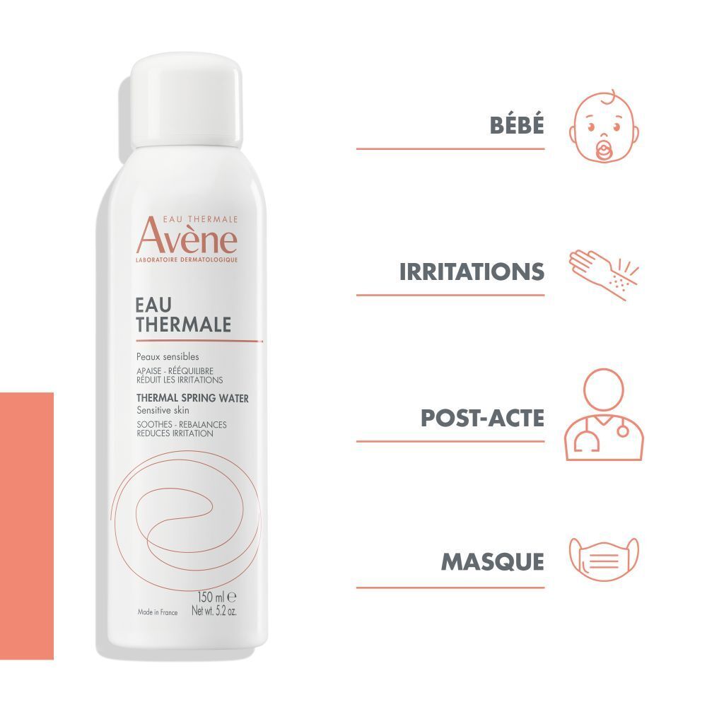 Spray blanc avec bouchon blanc. Inscription: Eau Thermale Avène. Texte en allemand, français, italien et néerlandais.