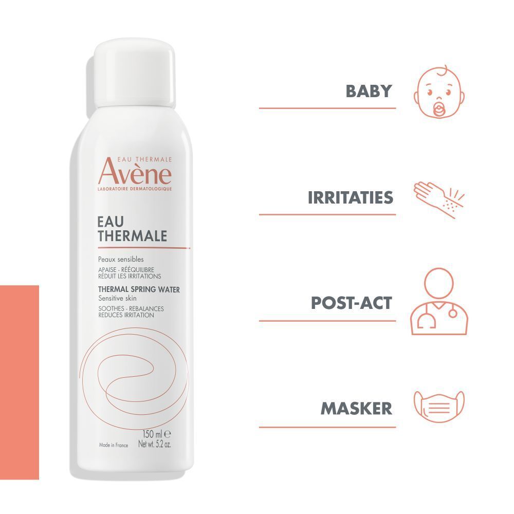 Witte spray met witte dop. Opschrift: Eau Thermale Avène. Tekst in het Duits, Frans, Italiaans en Nederlands.