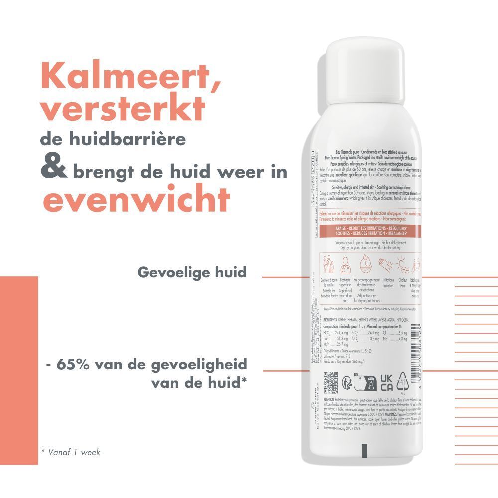 Achterkant van de witte spray. Tekst in het Duits, Frans, Italiaans en Nederlands. Pictogrammen en ingrediënten.