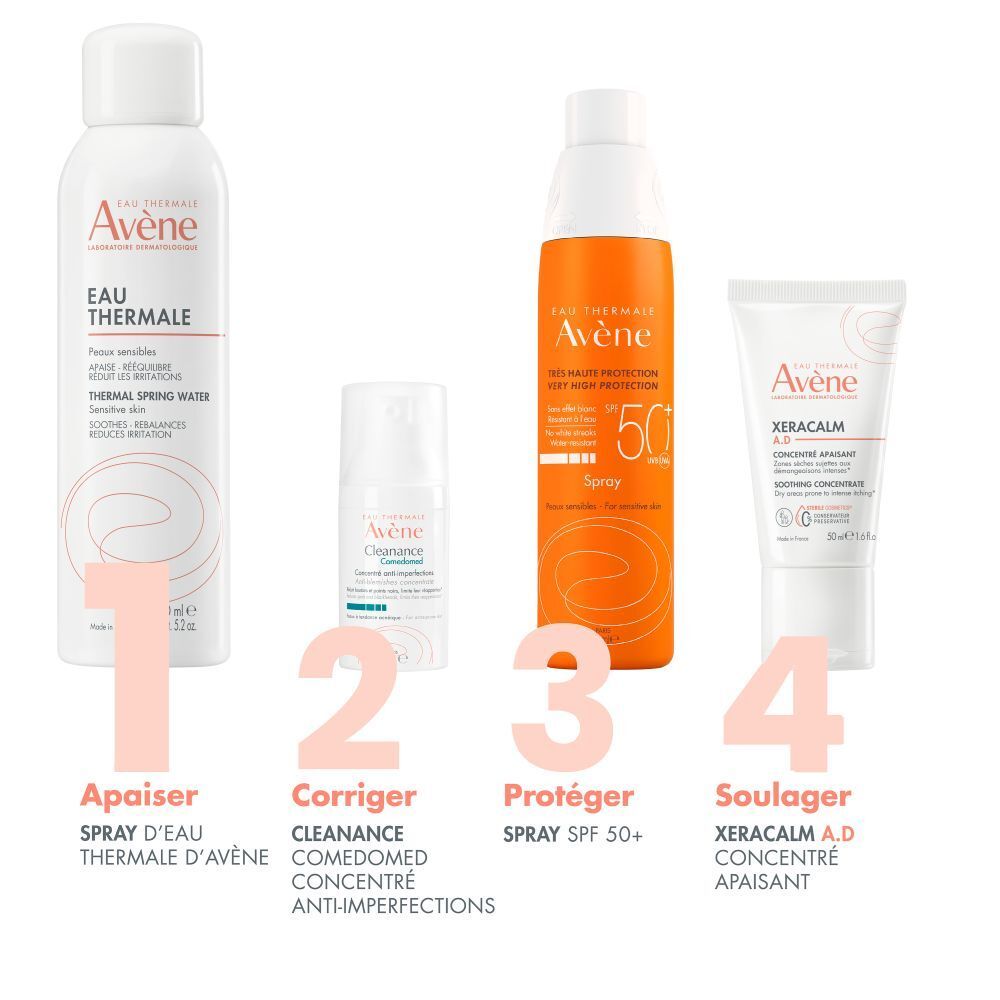 Quatre produits: spray, crème, spray solaire et crème. Inscription: Eau Thermale Avène. Texte en français.