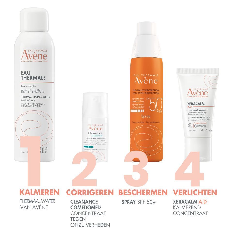 Vier producten: spray, crème, zonnebrandspray en crème. Opschrift: Eau Thermale Avène. Tekst in het Nederlands.