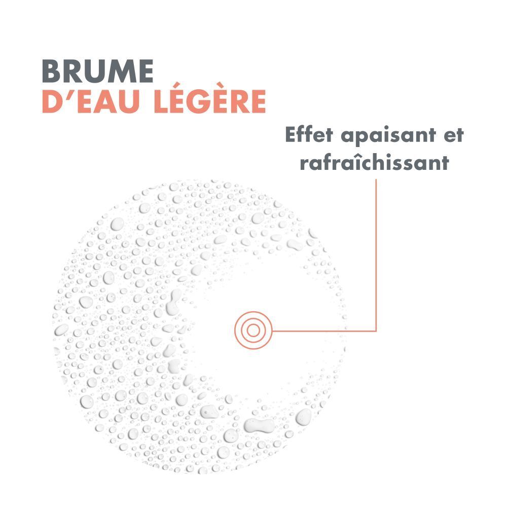 Cercle avec gouttes d'eau. Texte: Brume d'eau légère. Effet apaisant et rafraîchissant. Texte en français.