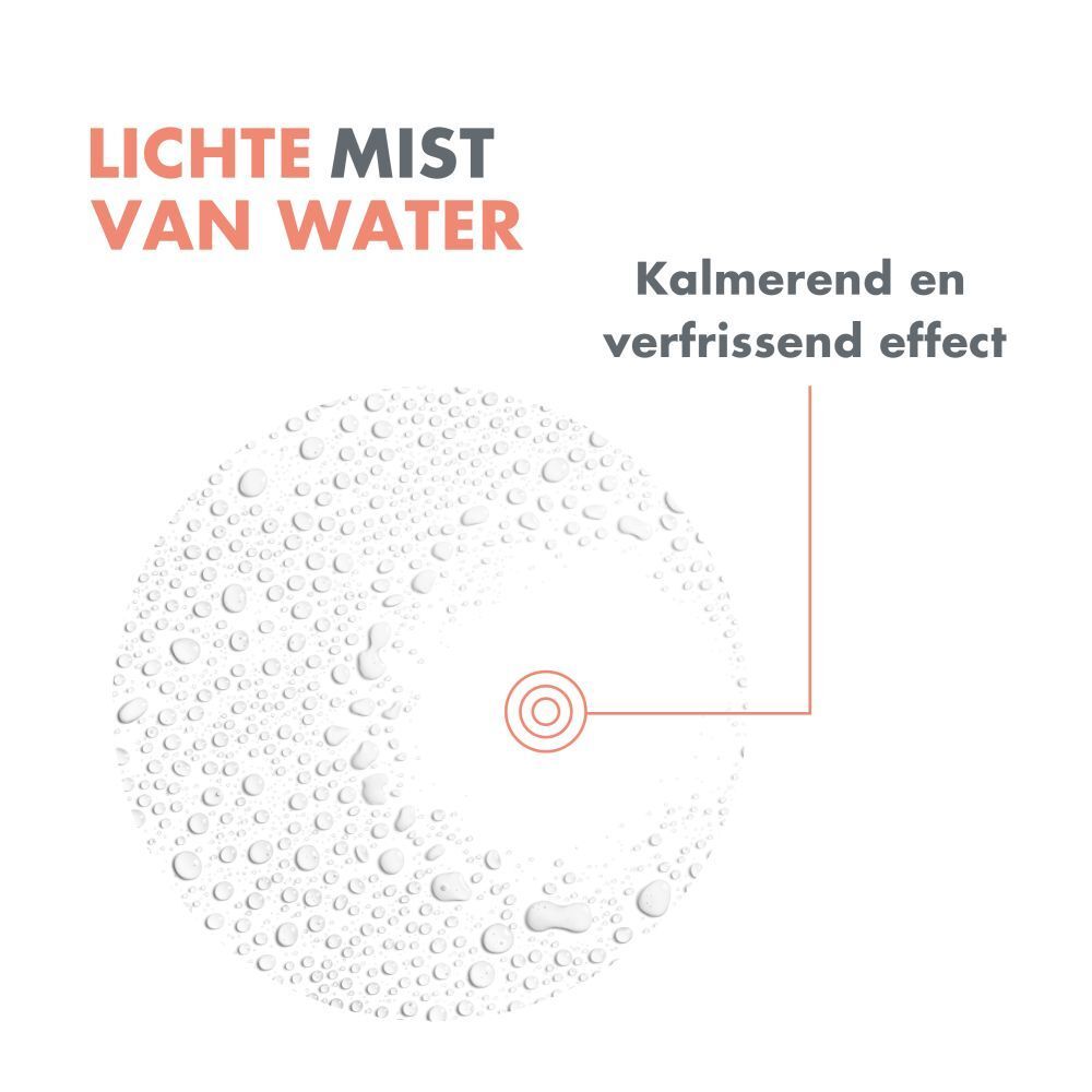 Cirkel met waterdruppels. Tekst: Lichte mist van water. Kalmerend en verfrissend effect. Tekst in het Nederlands.