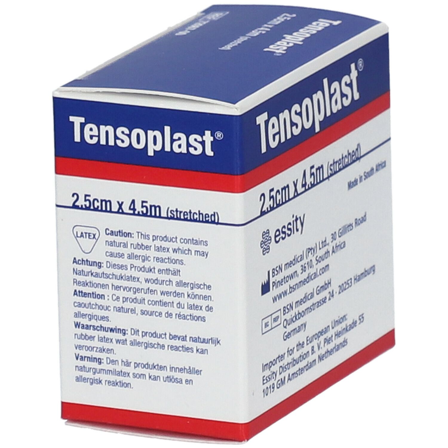 Tensoplast®-verpakking, 2,5 cm x 4,5 m. Bevat latex. Blauw-witte doos met waarschuwingen.