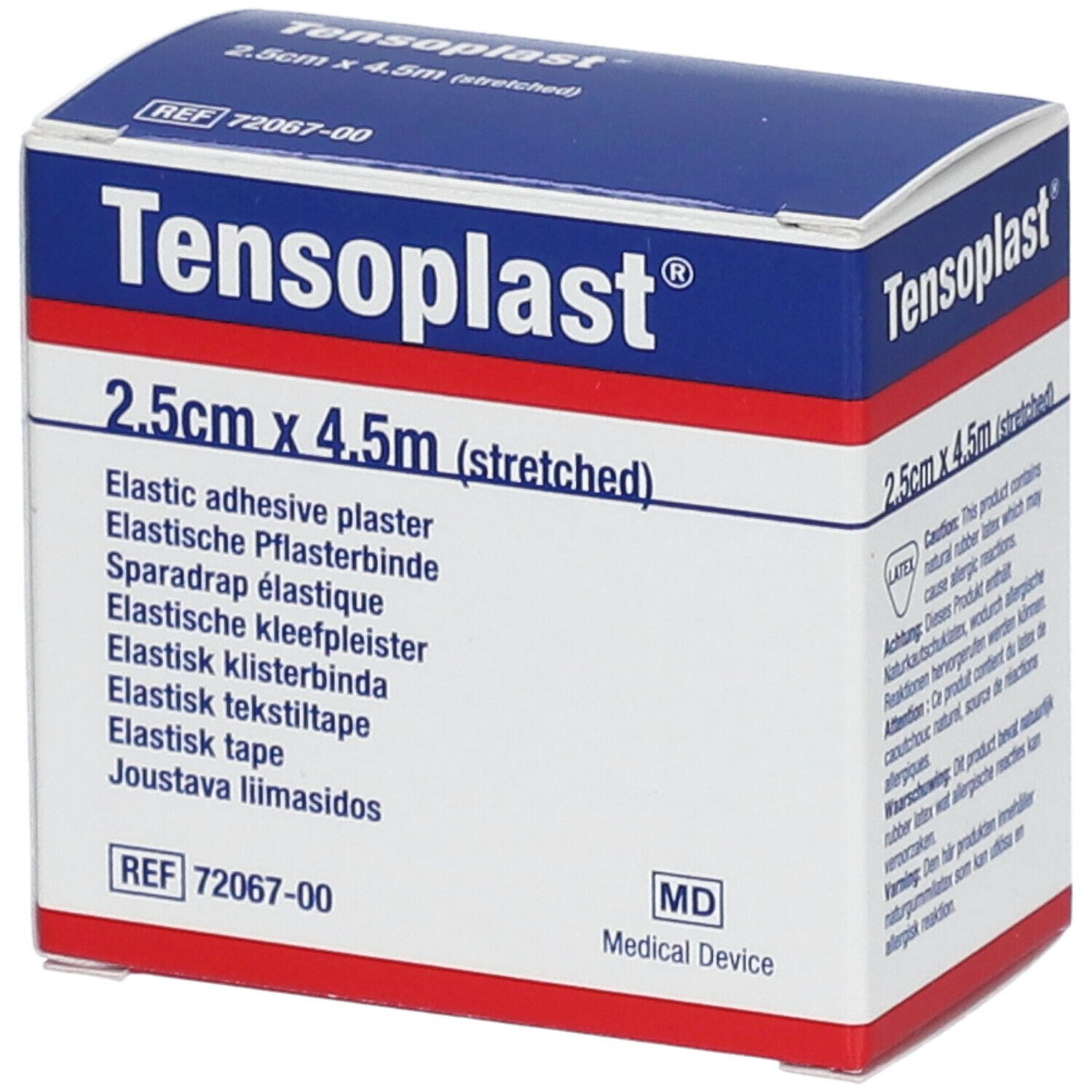 Tensoplast®-verpakking, 2,5 cm x 4,5 m. Medisch hulpmiddel. Blauw-witte doos met productinformatie.