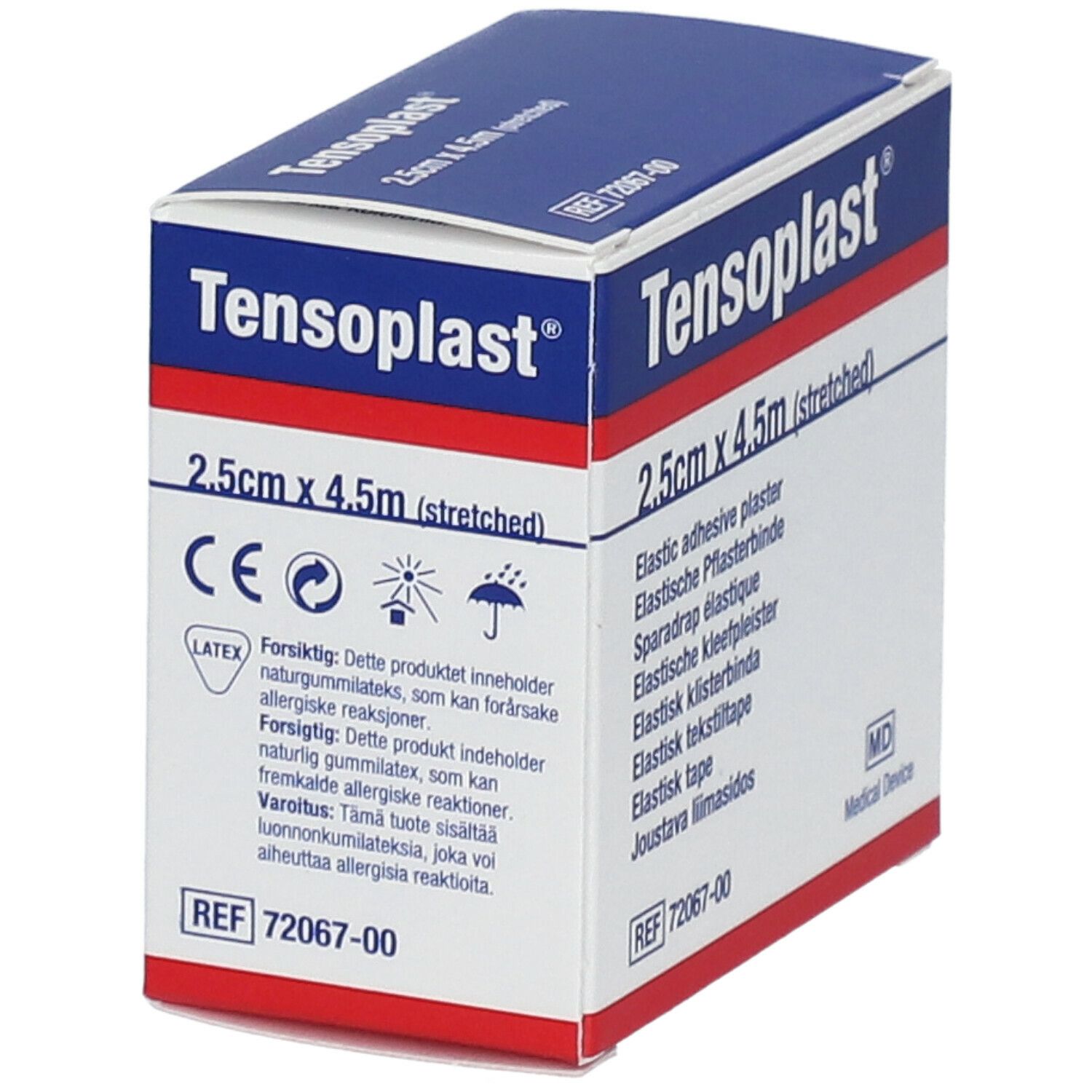 Tensoplast®-verpakking, 2,5 cm x 4,5 m. Medisch hulpmiddel. Blauw-witte doos met waarschuwingen.