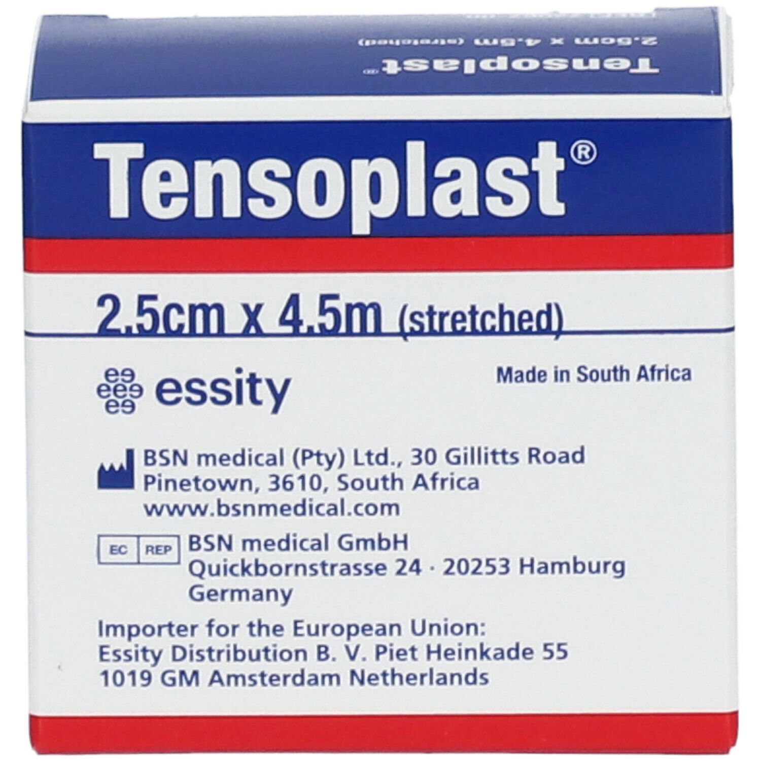 Tensoplast®-verpakking, 2,5 cm x 4,5 m. Blauw-witte doos met productinformatie en logo.