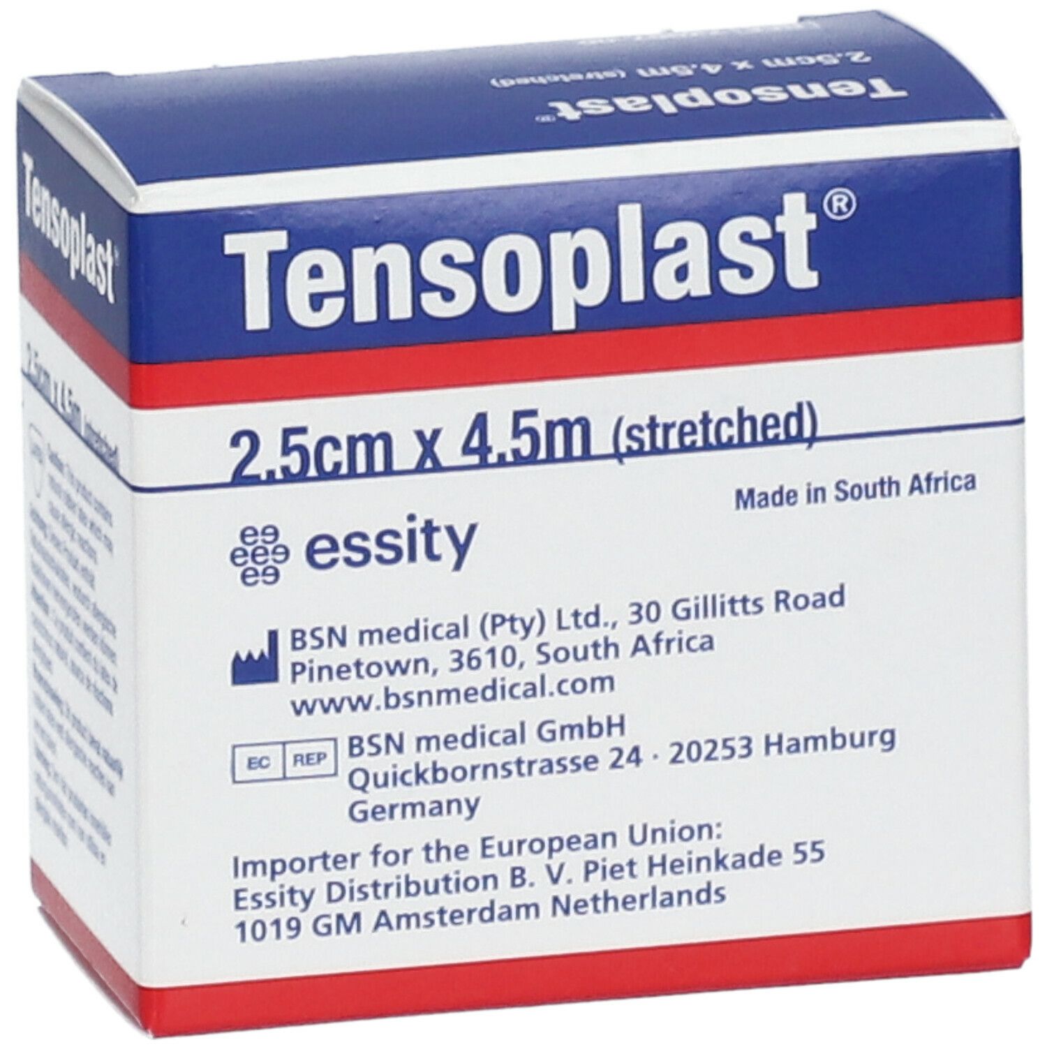 Tensoplast®-verpakking, 2,5 cm x 4,5 m. Blauw-witte doos met productinformatie en logo.