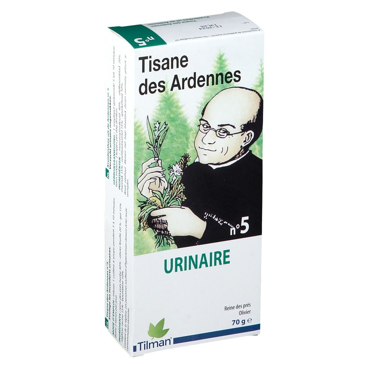 Verpakking kruidenthee, afbeelding man met kruiden. Tekst: Tisane des Ardennes, Urinaire, nr. 5, Tilman.