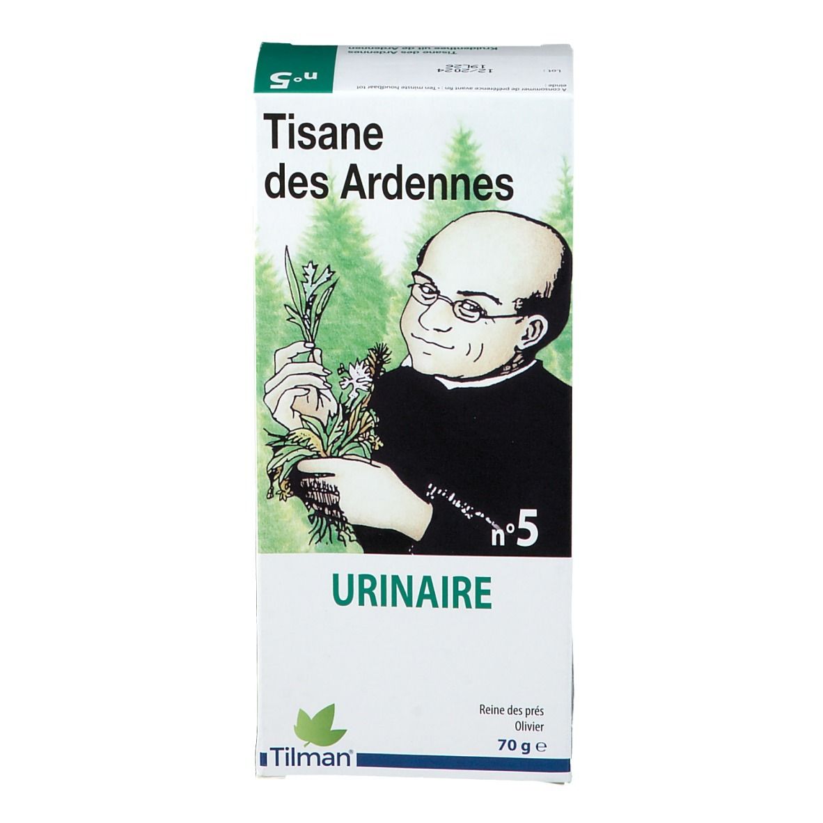 Kruidenthee verpakking, vooraanzicht. Afbeelding man met kruiden. Tekst: Tisane des Ardennes, Urinaire, nr. 5, Tilman.