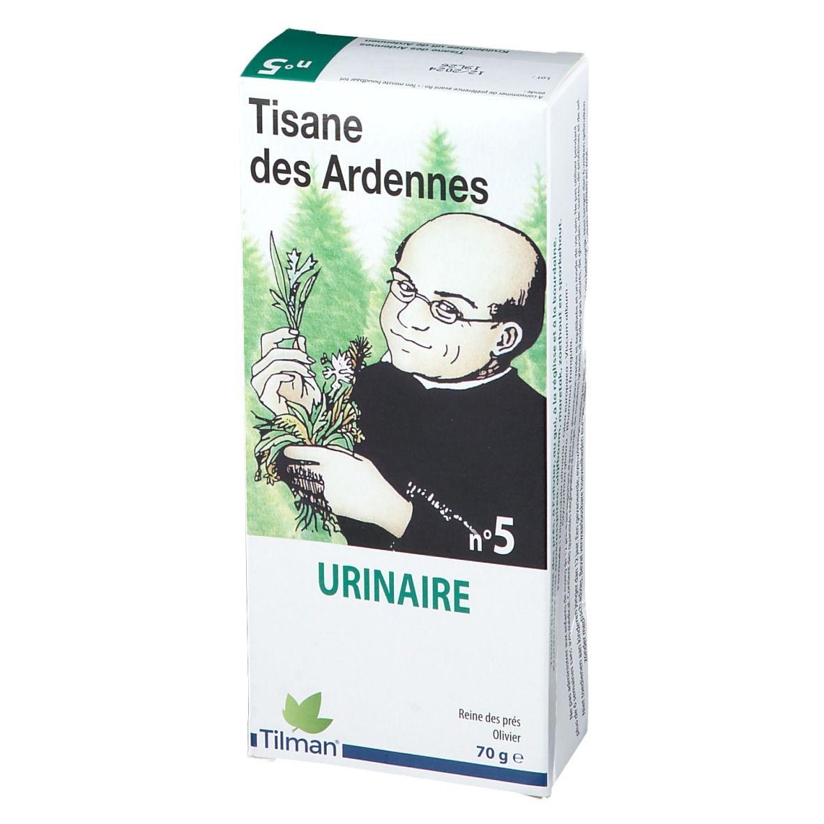 Kruidenthee verpakking, vooraanzicht. Afbeelding man met kruiden. Tekst: Tisane des Ardennes, Urinaire, nr. 5, Tilman.