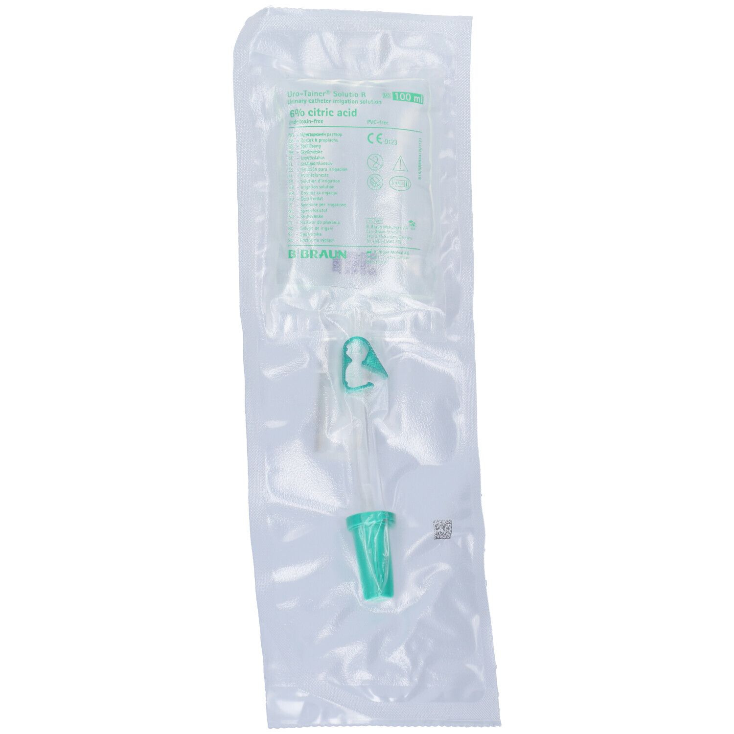Poche de solution pour perfusion, emballée. Visible: tube, fermeture verte, étiquetage. Marque B. Braun.