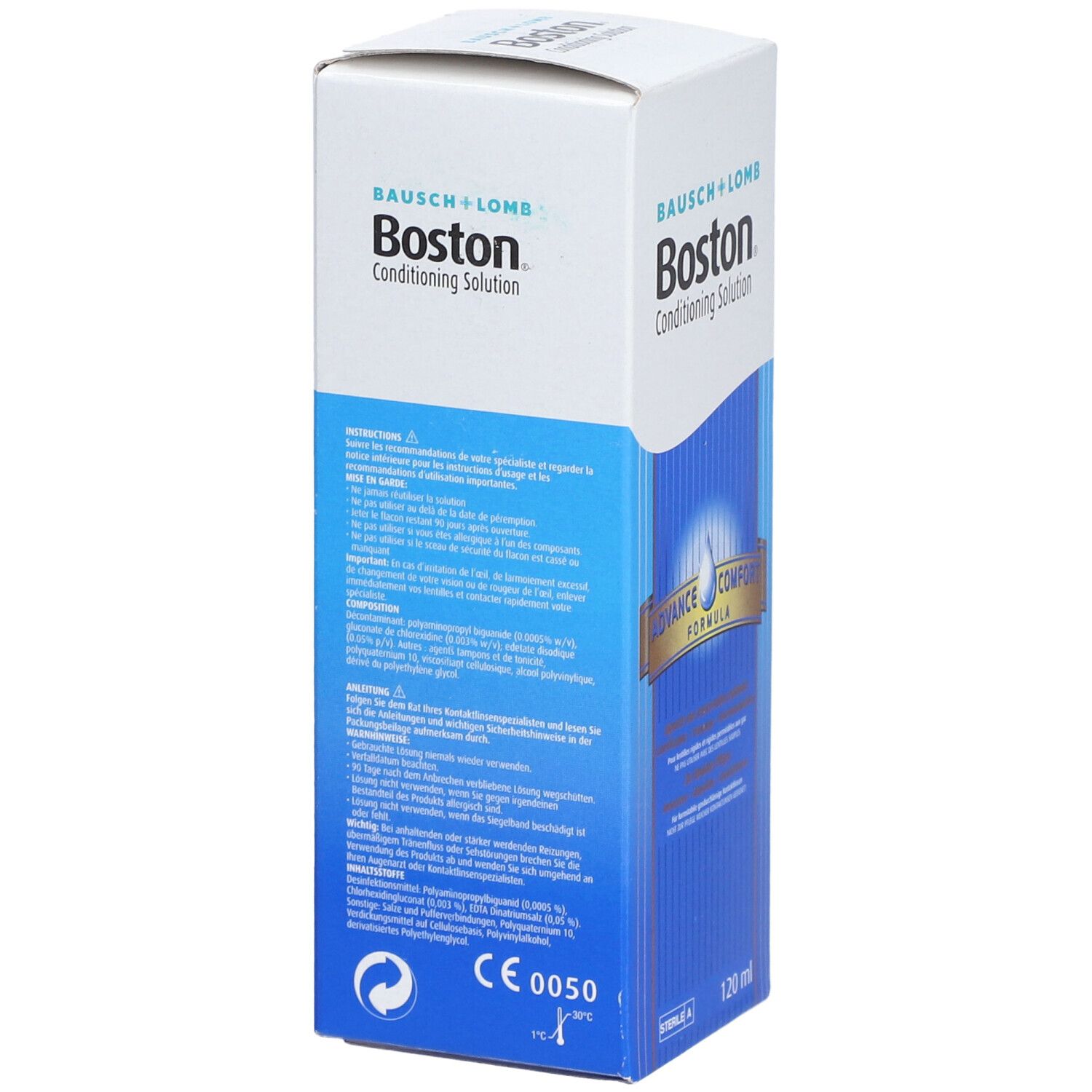 Karton von Boston Conditioning Solution. Blaue und weiße Verpackung. Aufschrift: Bausch + Lomb, Boston, 120 ml. Rückseite mit Text.
