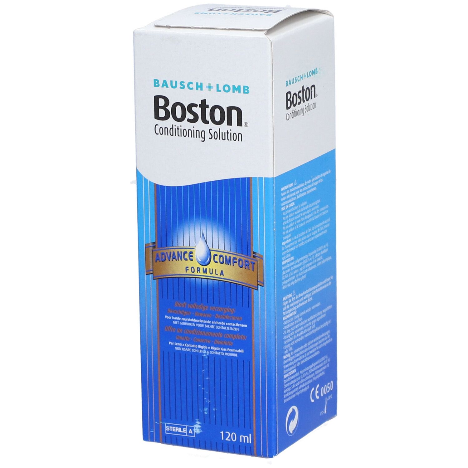 Karton von Boston Conditioning Solution. Blaue und weiße Verpackung. Aufschrift: Bausch + Lomb, Boston, 120 ml.