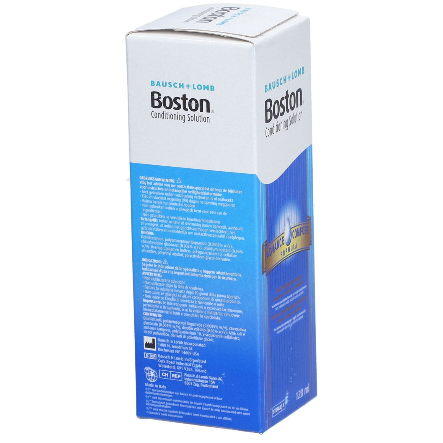 Karton von Boston Conditioning Solution. Blaue und weiße Verpackung. Aufschrift: Bausch + Lomb, Boston, 120 ml. Rückseite mit Text.