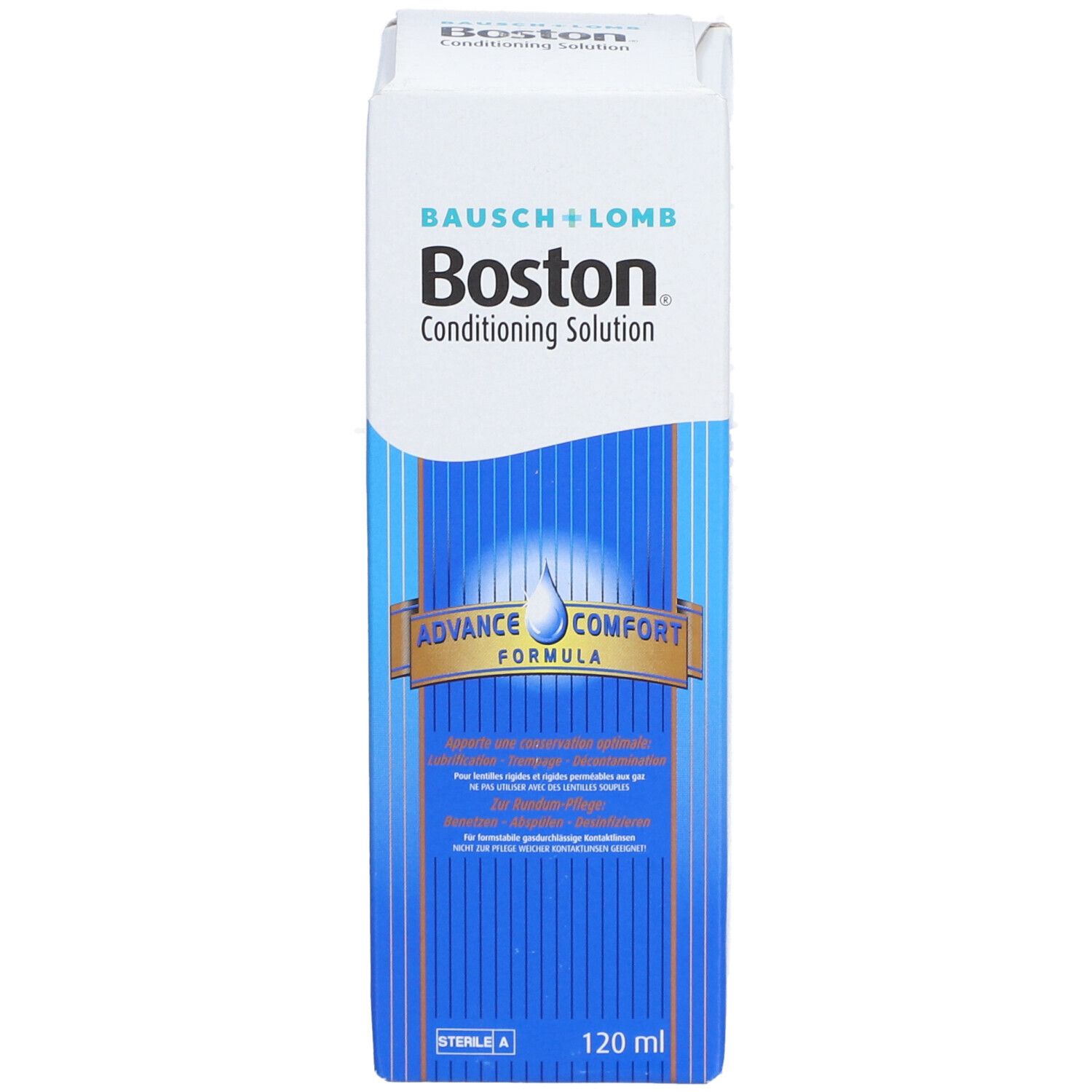 Karton von Boston Conditioning Solution. Blaue und weiße Verpackung. Aufschrift: Bausch + Lomb, Boston, 120 ml.