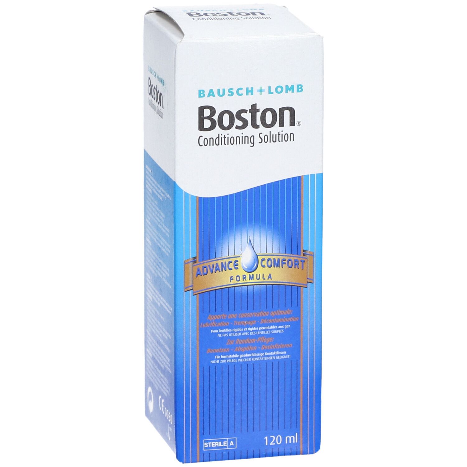 Karton von Boston Conditioning Solution. Blaue und weiße Verpackung. Aufschrift: Bausch + Lomb, Boston, 120 ml.