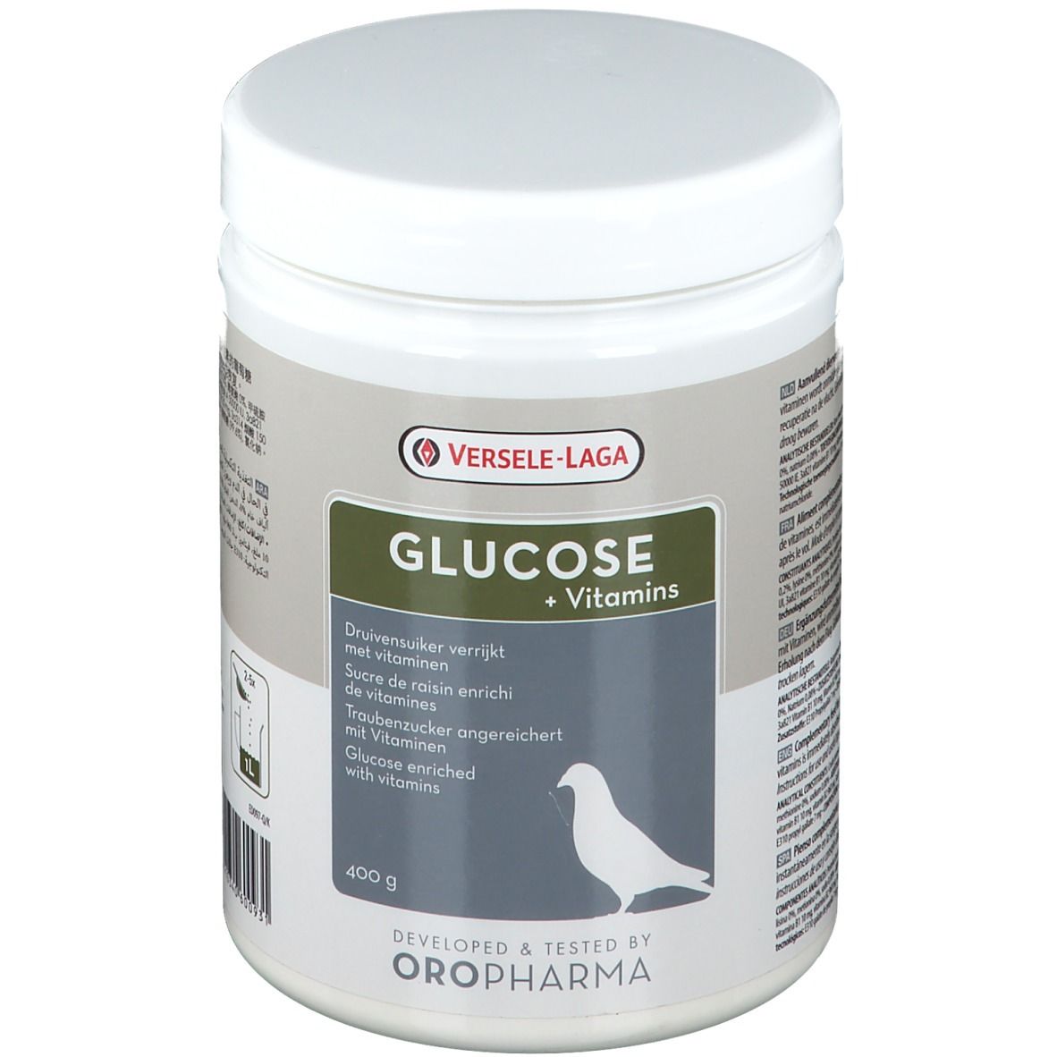 Weiße Dose mit Deckel. Aufschrift: GLUCOSE + Vitamins. Logo: VERSELE-LAGA. Enthält 400 g. Mit Vogel-Silhouette.
