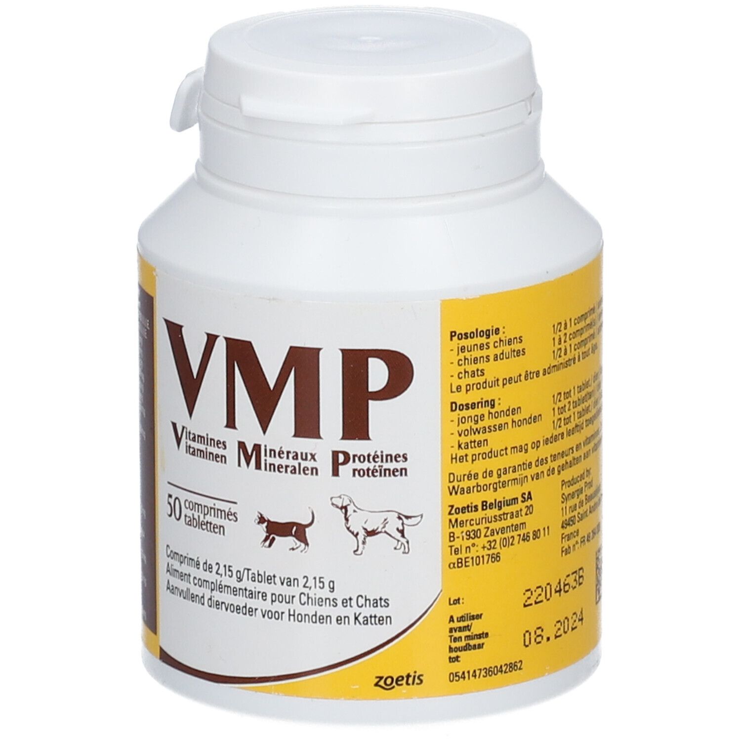 Witte fles met geel etiket. Opschrift "VMP" en "50 comprimés". Bevat vitaminen, mineralen en eiwitten voor honden en katten. Dosering.