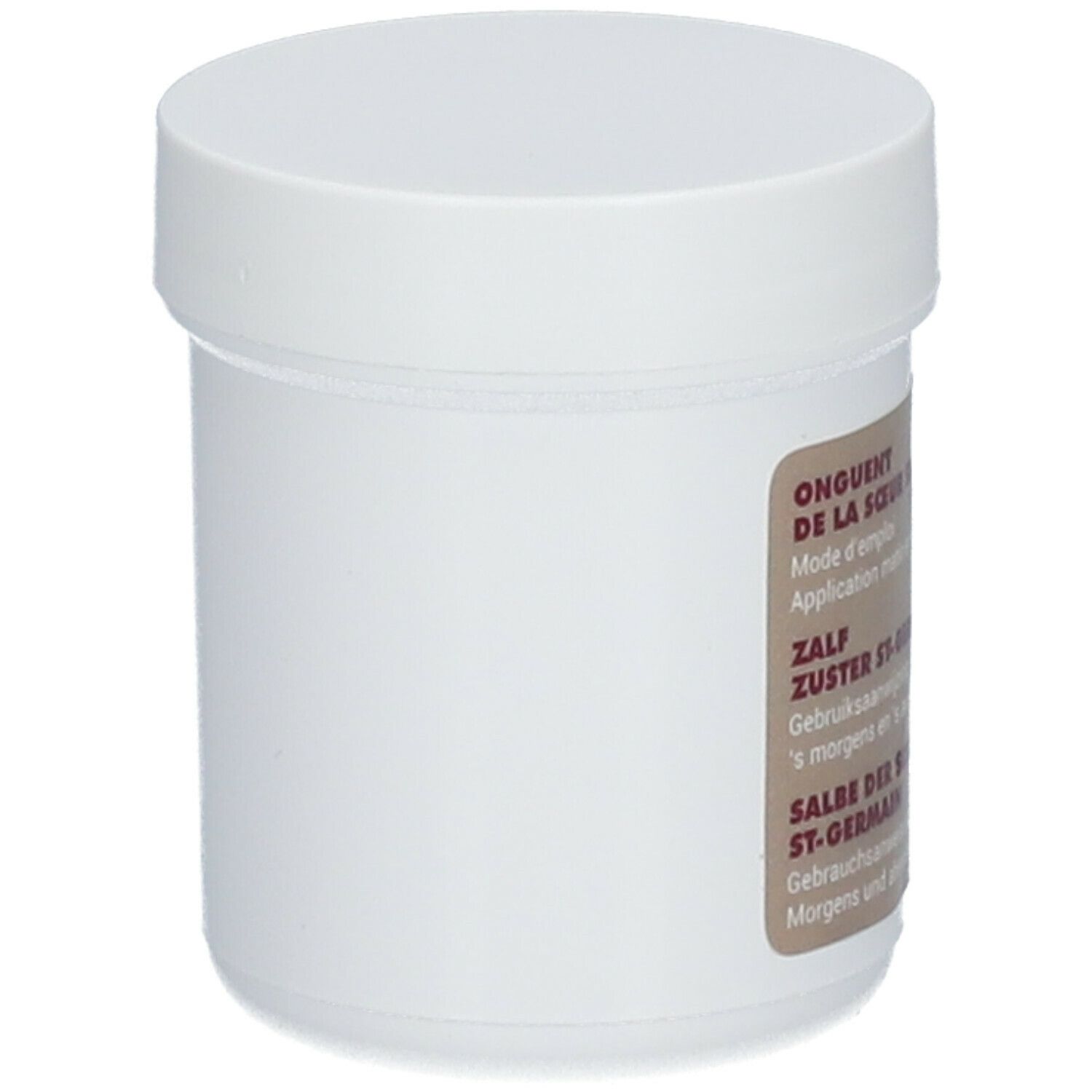 Pot blanc avec couvercle. Étiquette avec informations produit: Onguent de la Sœur St-Germain, Zalf Zuster St-Germain, Salbe der Schwester St-Germain.