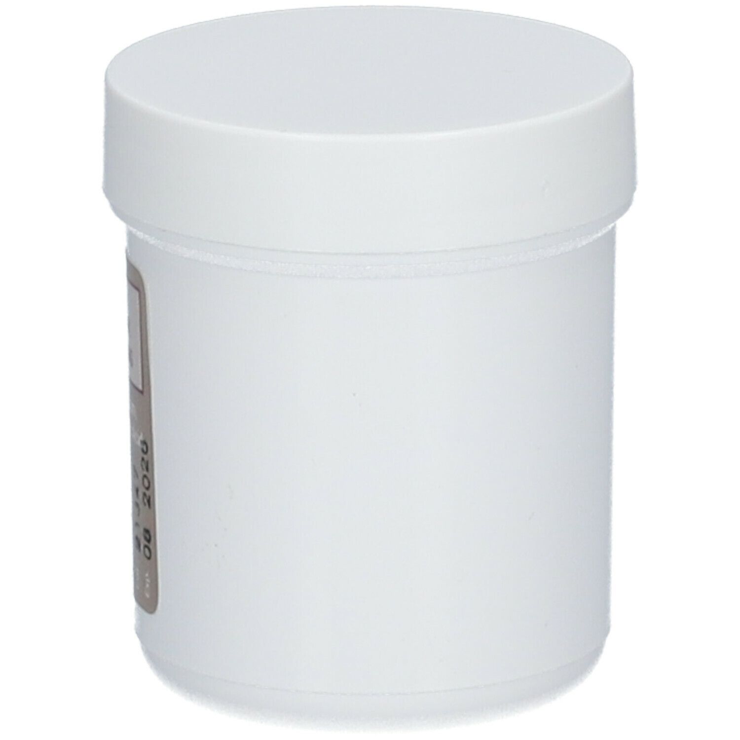 Pot blanc avec couvercle. Aucune information sur le produit visible.