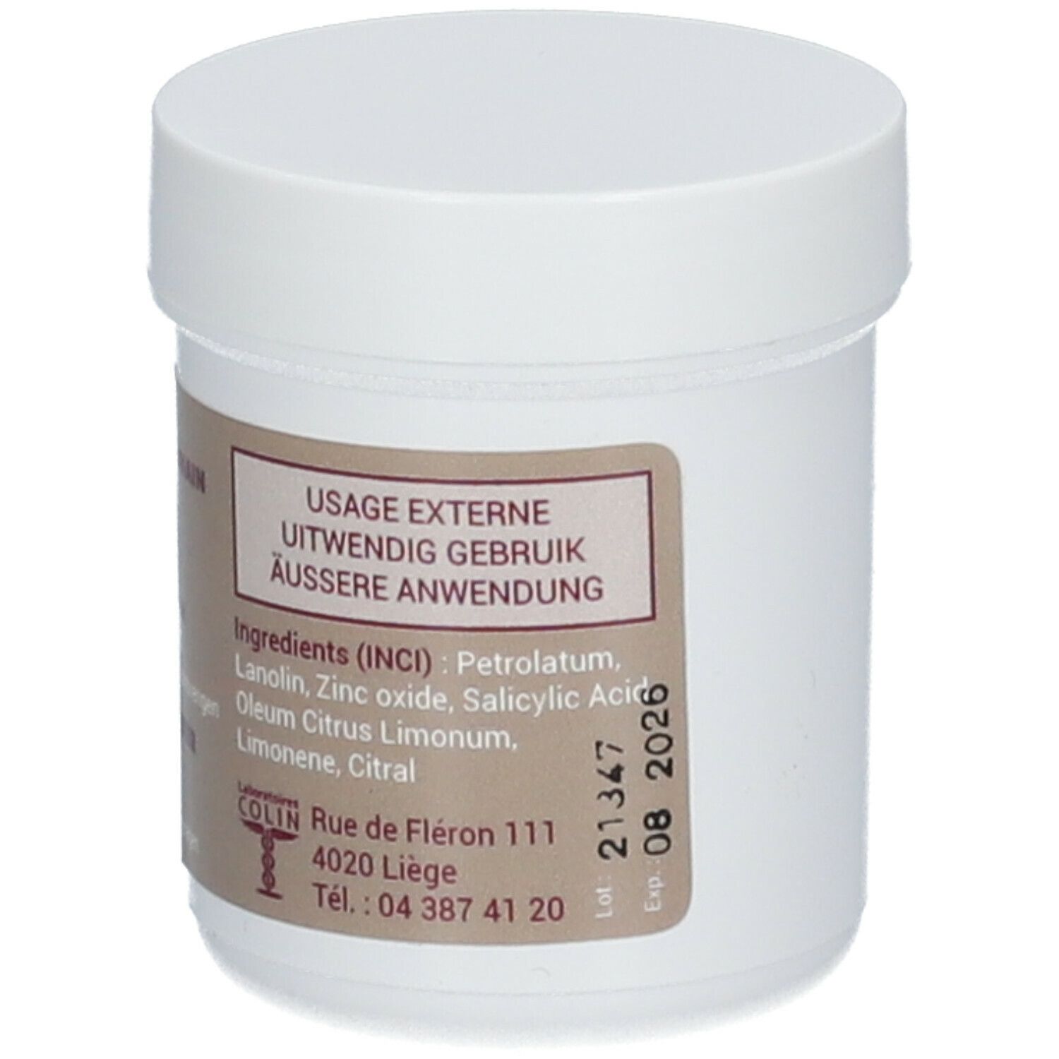 Pot blanc avec couvercle. Étiquette avec informations produit: Usage externe, ingrédients, adresse et date de péremption.