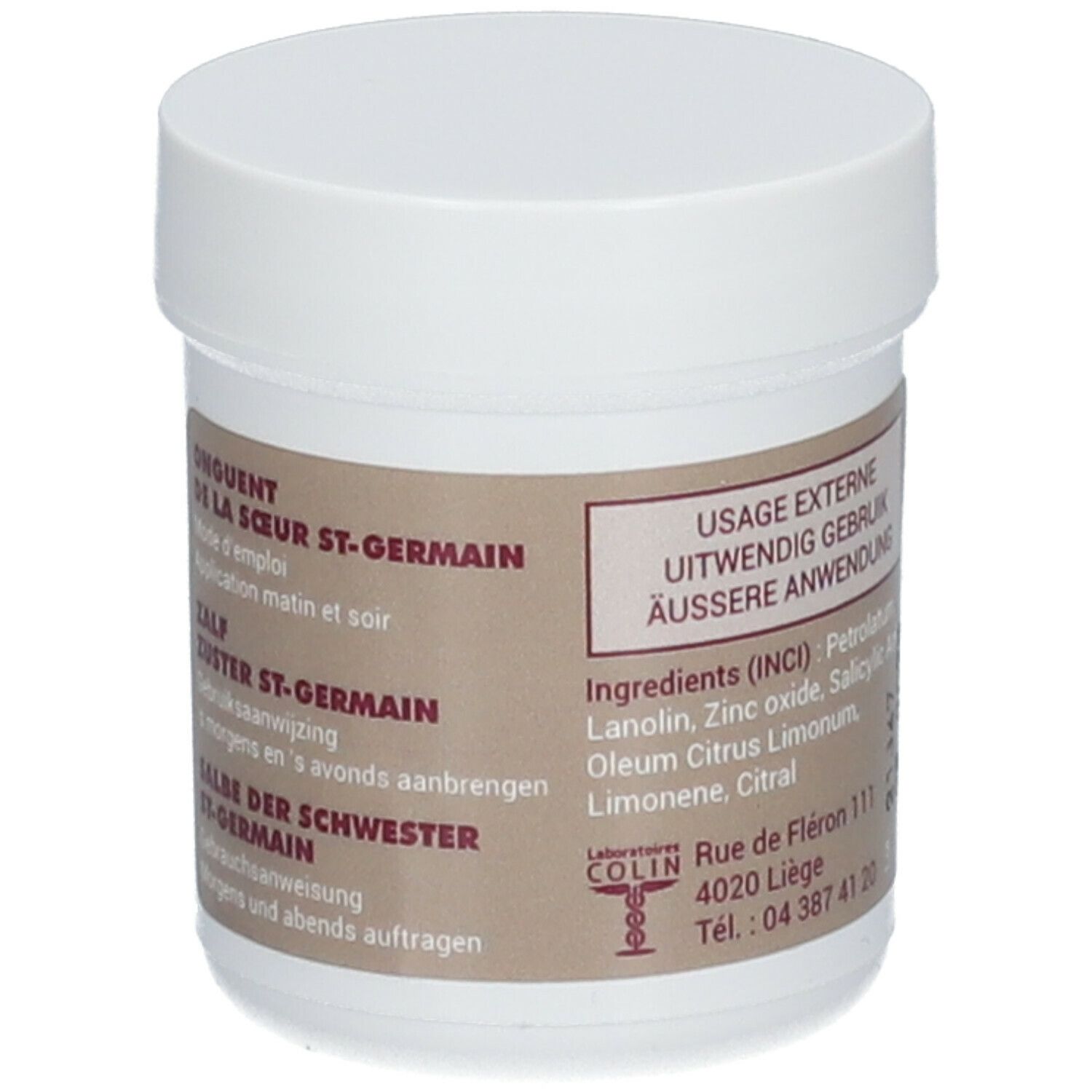 Pot blanc avec couvercle. Étiquette avec informations produit: Onguent de la Sœur St-Germain, Zalf Zuster St-Germain, Salbe der Schwester St-Germain.