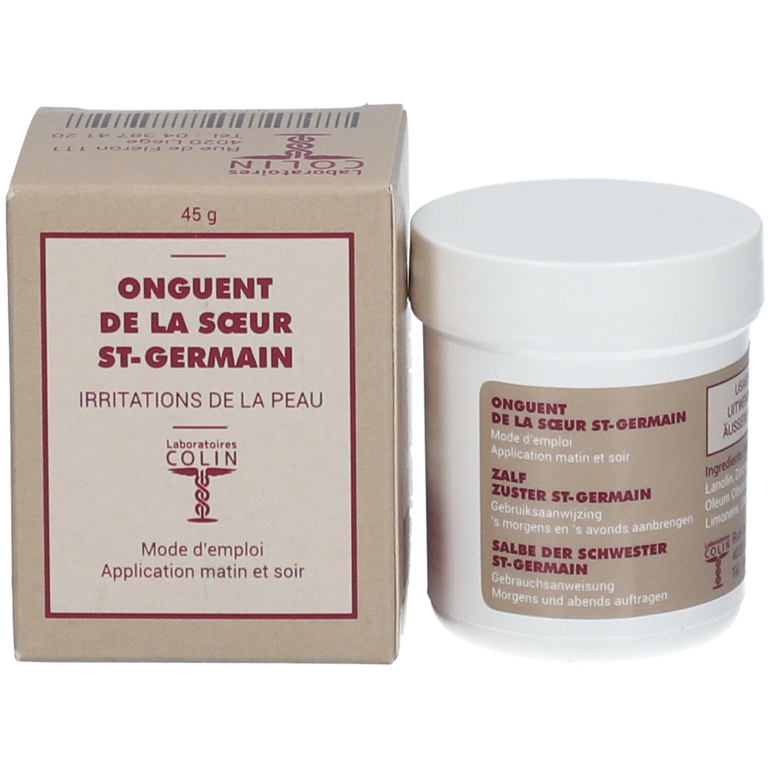 Pot blanc avec couvercle et boîte. Boîte avec informations produit: Onguent de la Sœur St-Germain, Irritations de la peau, 45 g.