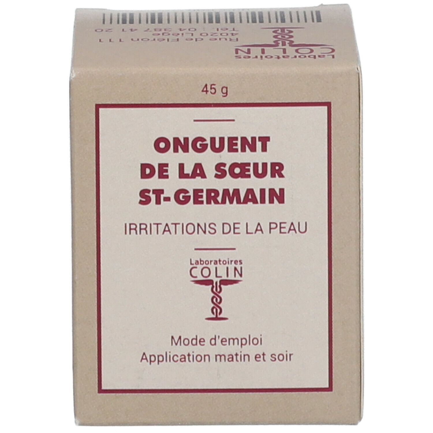 Boîte avec informations produit: Onguent de la Sœur St-Germain, Irritations de la peau, 45 g.