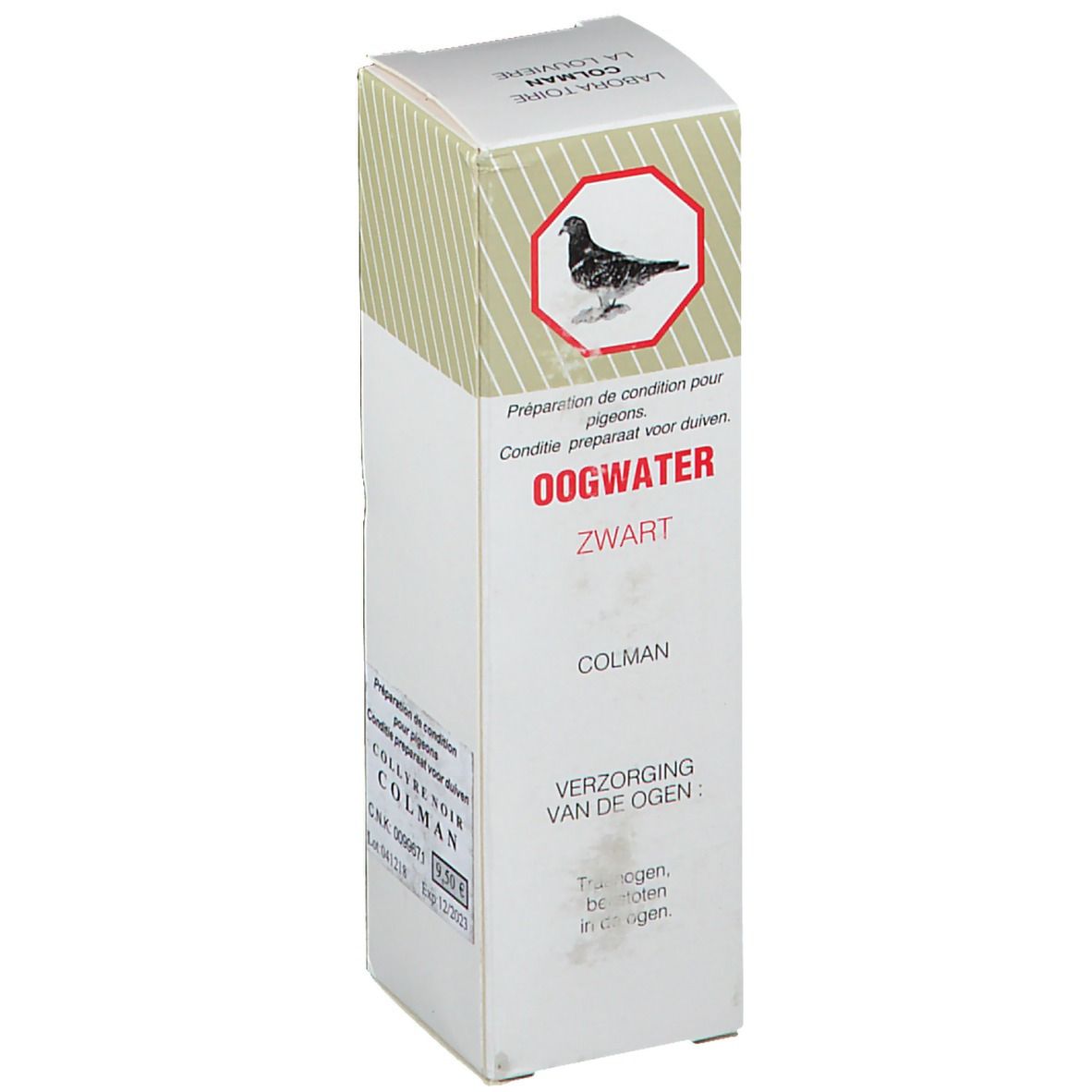 Boîte en carton avec nom du produit Oogwater Zwart et Colman. Illustration d'un pigeon dans un hexagone.