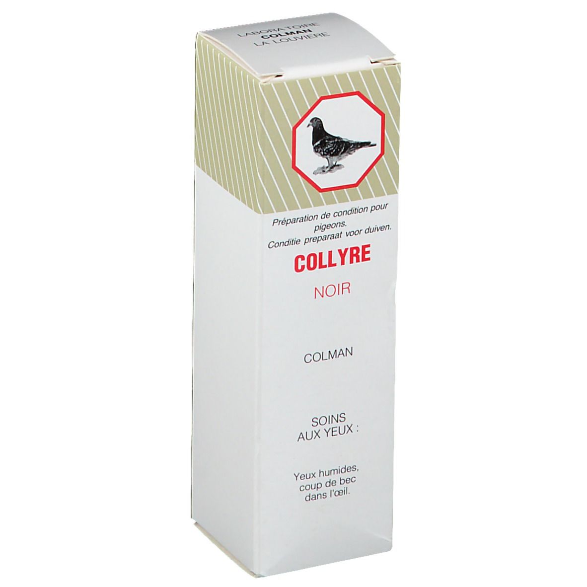 Boîte en carton avec nom du produit Collyre Noir et Colman. Illustration d'un pigeon dans un hexagone. Texte: Soins aux yeux.