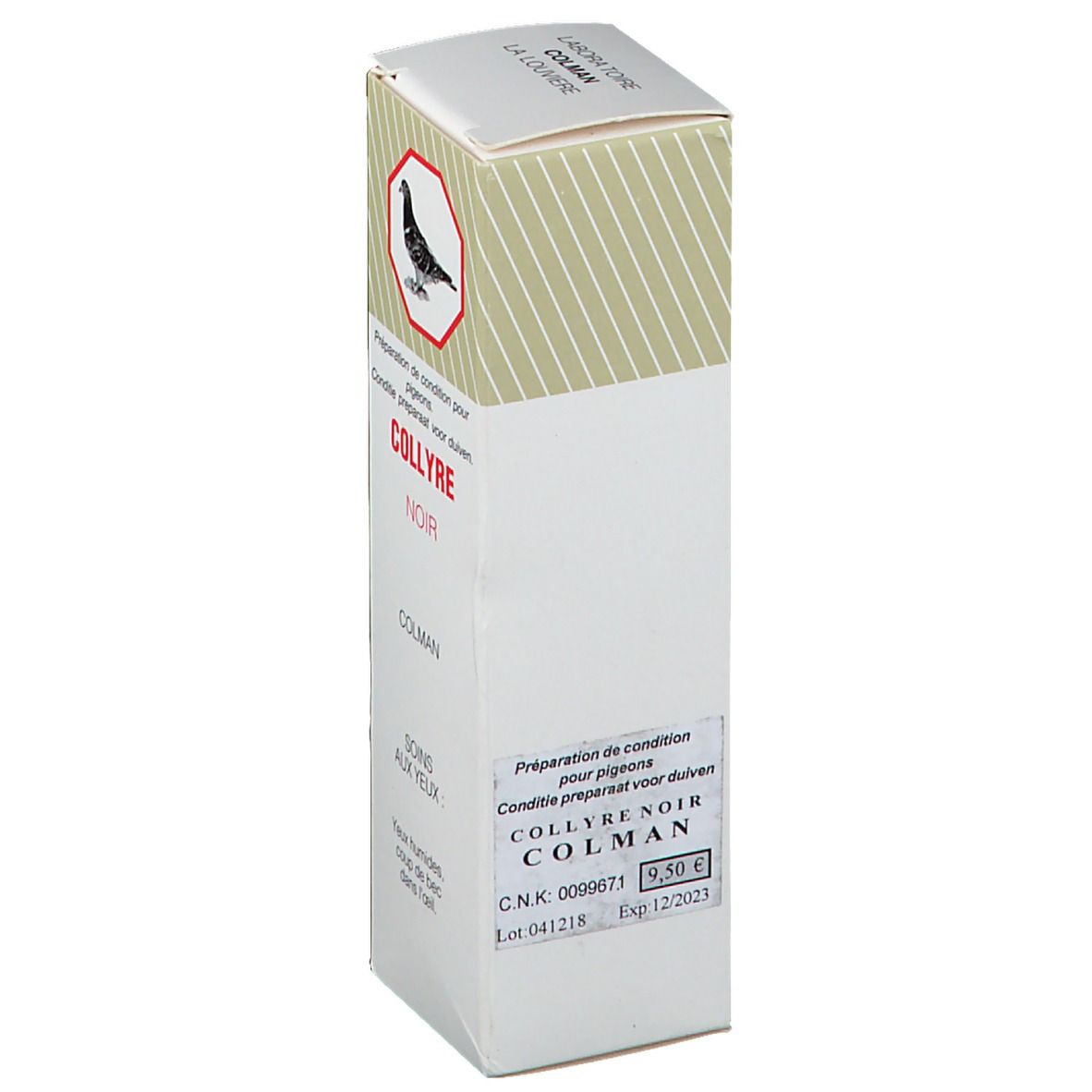 Boîte en carton avec nom du produit Collyre Noir et Colman. Illustration d'un pigeon dans un hexagone. Prix et date d'expiration.