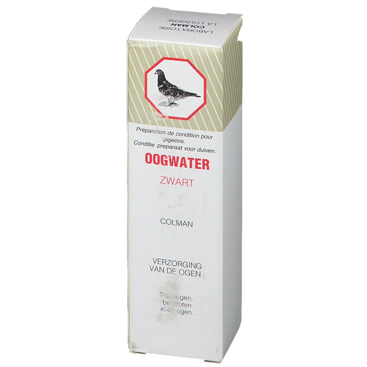 Boîte en carton avec nom du produit Oogwater Zwart et Colman. Illustration d'un pigeon dans un hexagone. Texte: Verzorging van de ogen.