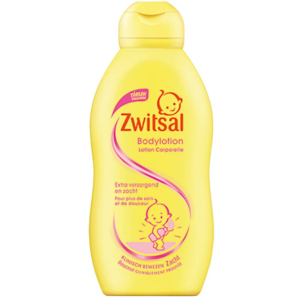 Flacon jaune de lotion Zwitsal. Inscription rose, illustrations de bébé. "Extra verzorgend en zacht" et "Klinisch bewezen zacht".