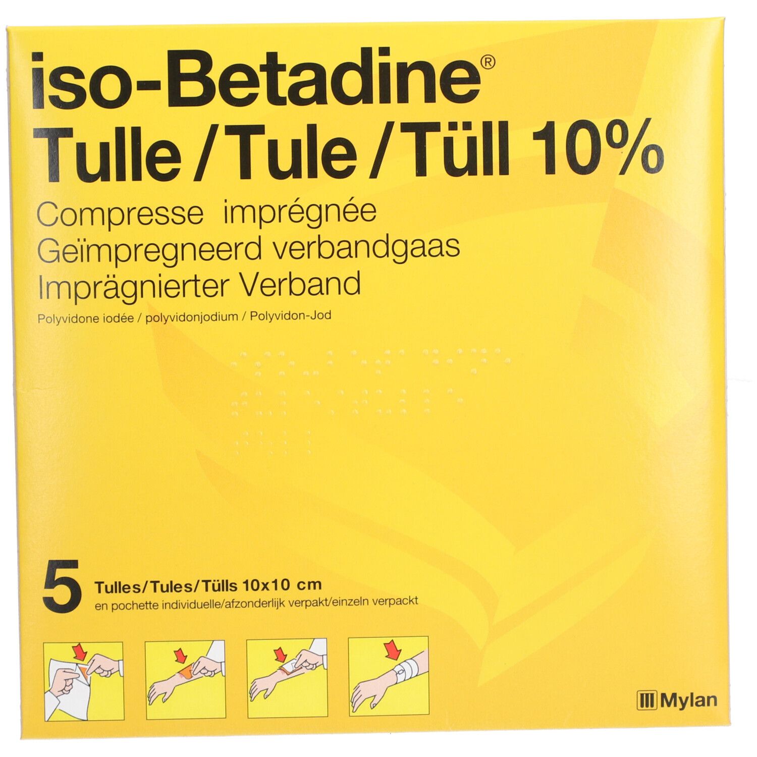 Gele vierkante verpakking iso-Betadine® Tulle 10%. Productnaam en 5 tule. Illustraties van toepassing.