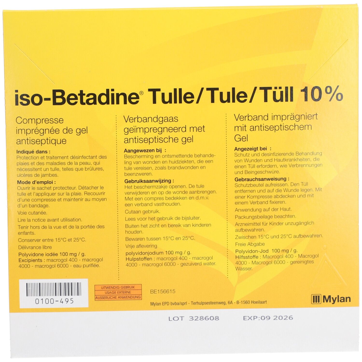 Achterkant verpakking iso-Betadine® Tulle 10%. Productnaam, gebruiksaanwijzing en ingrediënten. Fabrikantenlogo.