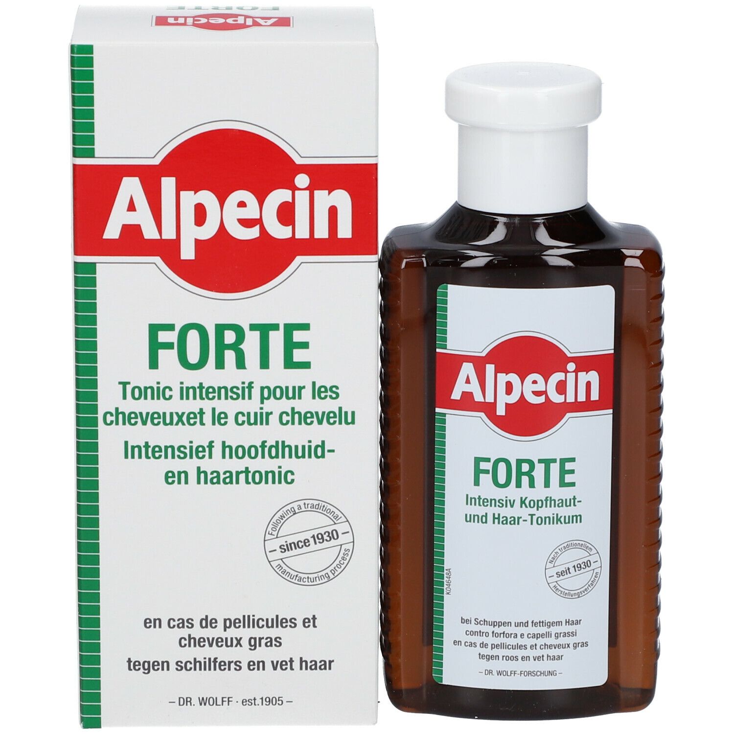 Produktverpackung: Schachtel und Flasche. Rote Schachtel mit weißem Alpecin-Logo und grüner Schrift: Forte. Gegen Schuppen und fettiges Haar.