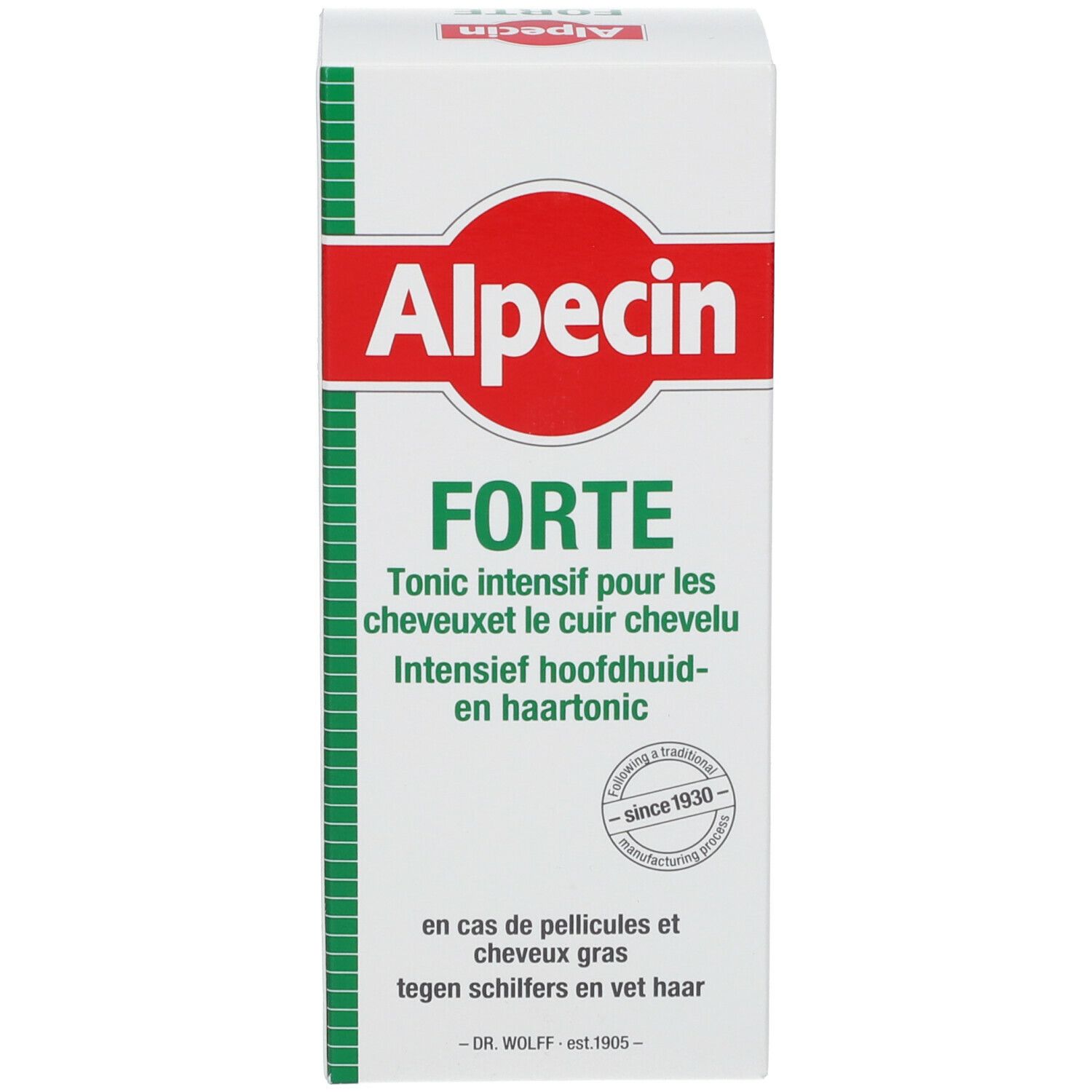 Produktverpackung: Rote Schachtel mit weißem Alpecin-Logo und grüner Schrift: Forte. Gegen Schuppen und fettiges Haar. Seitlich: Dr. Wolff.