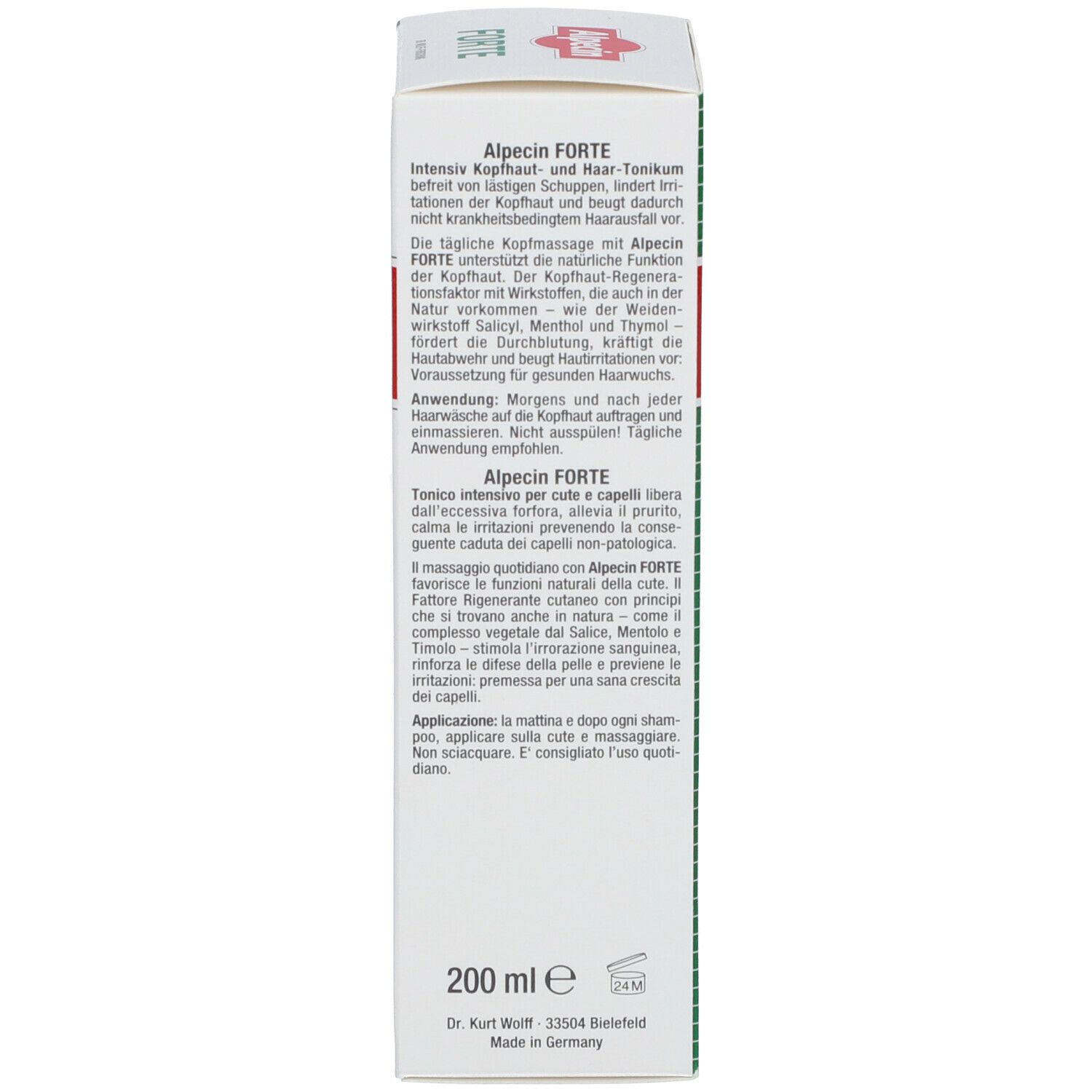 Rückseite der Produktverpackung. Text in Deutsch, Italienisch, Französisch und Niederländisch. Anwendungshinweise und Inhaltsangaben.