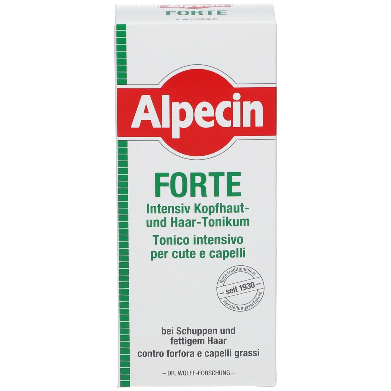 Produktverpackung: Rote Schachtel mit weißem Alpecin-Logo und grüner Schrift: Forte. Gegen Schuppen und fettiges Haar. Seitlich: Dr. Wolff.