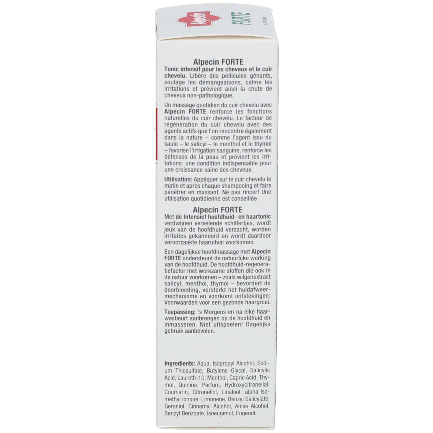 Rückseite der Produktverpackung. Text in Deutsch, Italienisch, Französisch und Niederländisch. Anwendungshinweise und Inhaltsangaben.