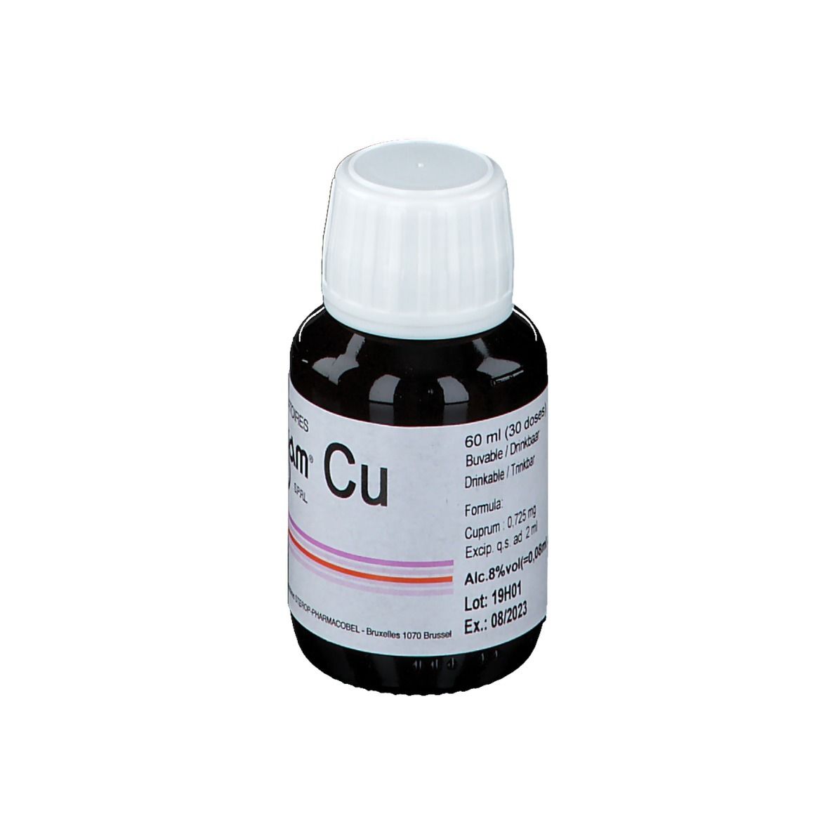 Bruine glazen fles met witte dop. Etiket met "Biogam Cu" en informatie.