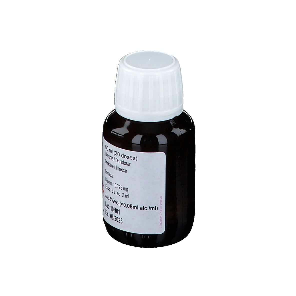 Bruine glazen fles met witte dop. Etiket met informatie.